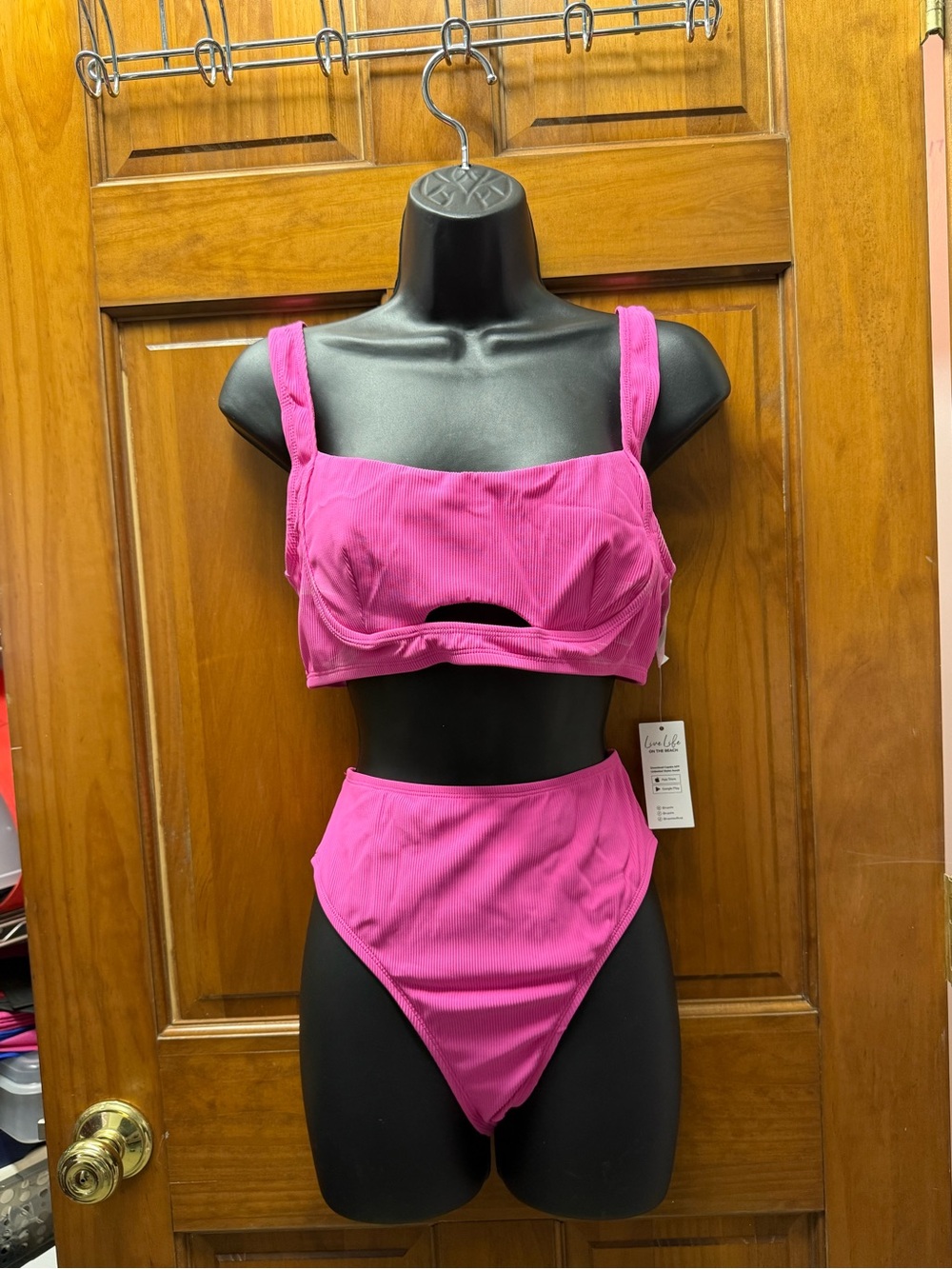 Cupshe Hot Pink Ribbed High-Waist Bikini Set